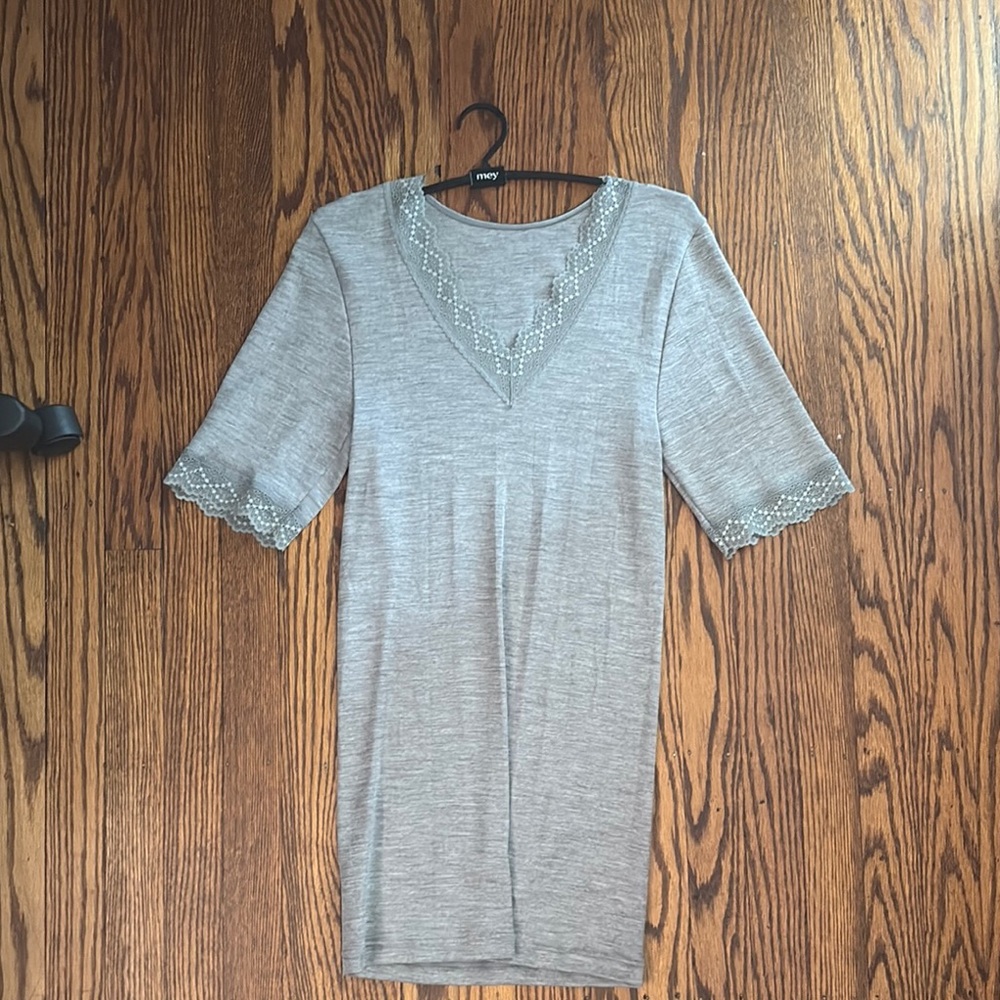 Gray Short Sleeve Top with Lace Trim